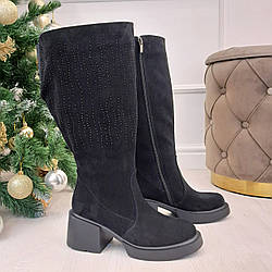 Чоботи замшеві жіночі із широкою халявою. Колір чорний