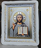 Пара Ікон Спасителя та Почаївська Пресвята Богородиця в білому дерев'яному фігурному кіоті під склом, розмір 52*42, лик 30*40, фото 4