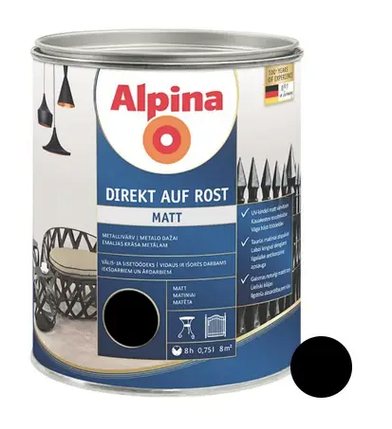 Емаль універсальна алкідна матова Alpina "Direkt auf Rost" RAL9005 Чорна, 2.5 л., фото 1