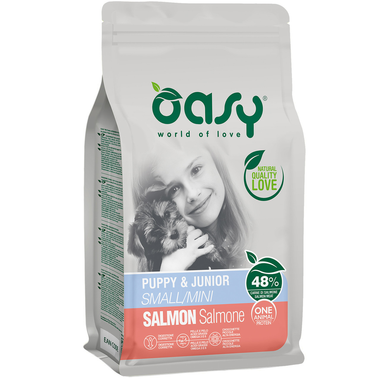 Сухий корм для цуценят малих та мініатюрних порід Oasy One Animal Protein Puppy Small and Mini, лосось 800 гр