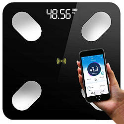 Смарт ваги 180 кг, 26 x 26см, Чорні / Електронні ваги підлогові з Bluetooth / Скляні фітнес ваги