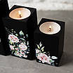 Підсвічники з натурального дерева, набір 3 шт. під чайну свічку "Квіткова ніжність" (чорний колір), фото 2
