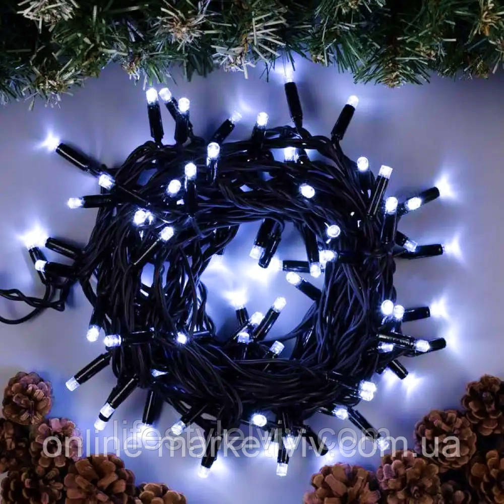 Світлодіодна гірлянда від мережі, 26м, 400LED, на чорному дроті, Холодний білий / Новорічна гірлянда на ялинку