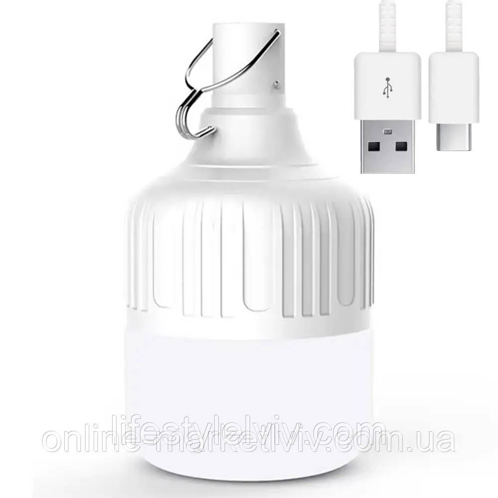 Лампа на акумуляторі з гачком, 80Вт, з USB, Біла / Світлодіодна лампа з акумулятором / Кемпінгова лампа, фото 1