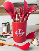 Силіконовий кухонний набір із 12 предметів (дерево+силікон) Червоний
