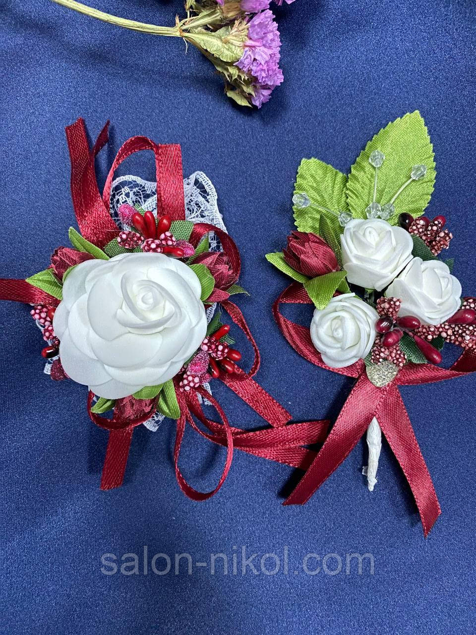 Весільний набір для свідків в марсала кольорі (бутоньєрка+браслет), фото 1