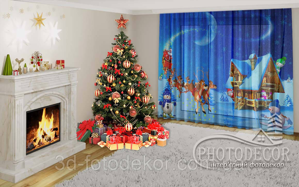 Новорічний ФотоТюль "Дід Мороз на санях, будинок та сніговики" - будь-який розмір. Читаємо опис!, фото 1