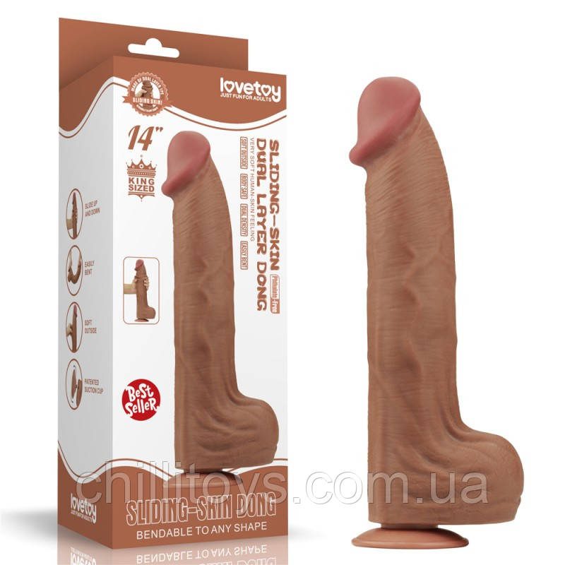 Фалоімітатор King Sized Sliding Skin Dual Layer Dong Brown 14.0, Коричневий