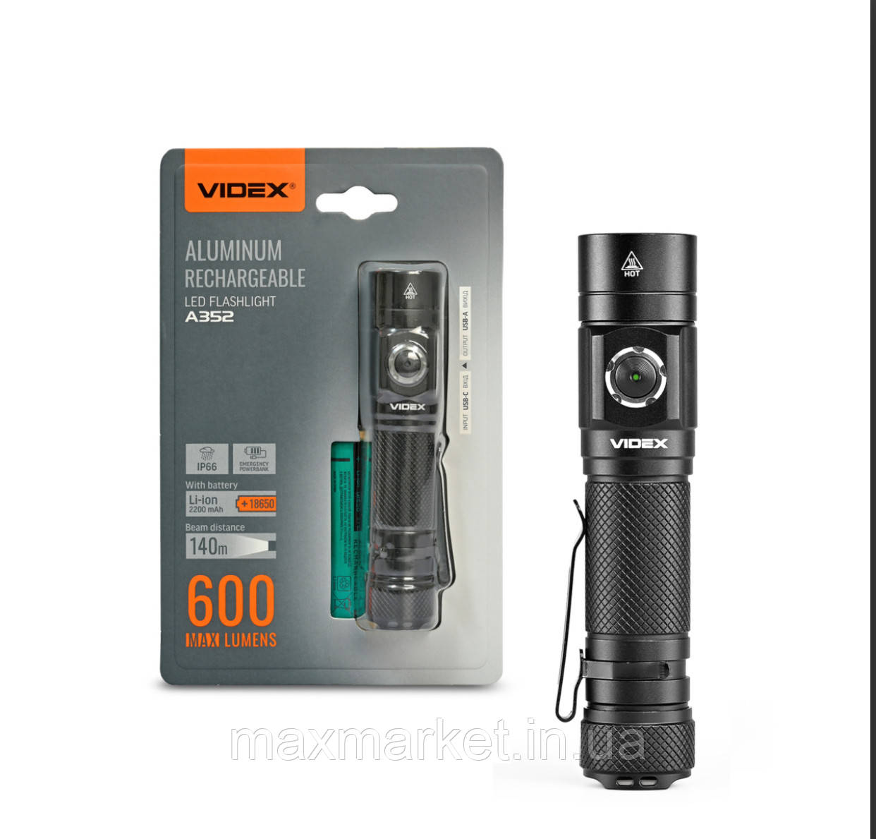 Потужний світлодіодний ліхтарик із функцією powerbank Videx VLF-A352 акб 18650 900lm, фото 1