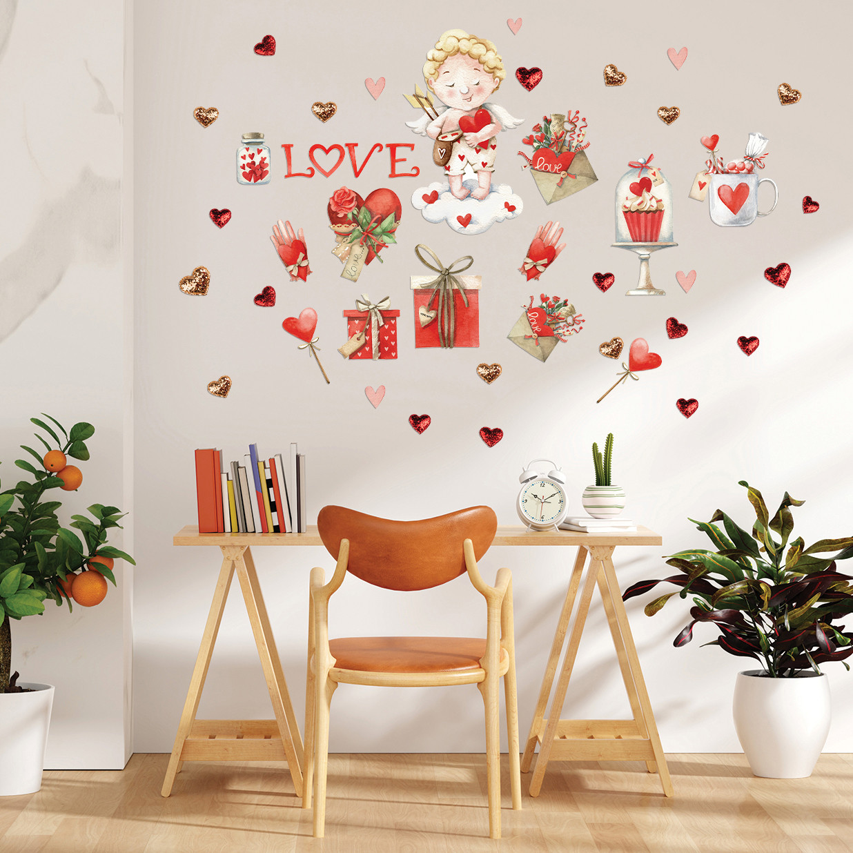 Інтер'єрні наклейки на стіну Купідон Солодке Кохання серця День закоханих Набір М 1100х500 мм матова, фото 1