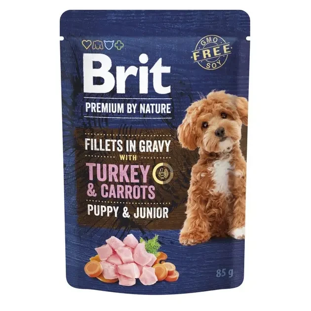Вологий корм для цуценят Brit Premium Fillets in Gravy Turkey&Carrots Puppy з індичкою 85 г, фото 1