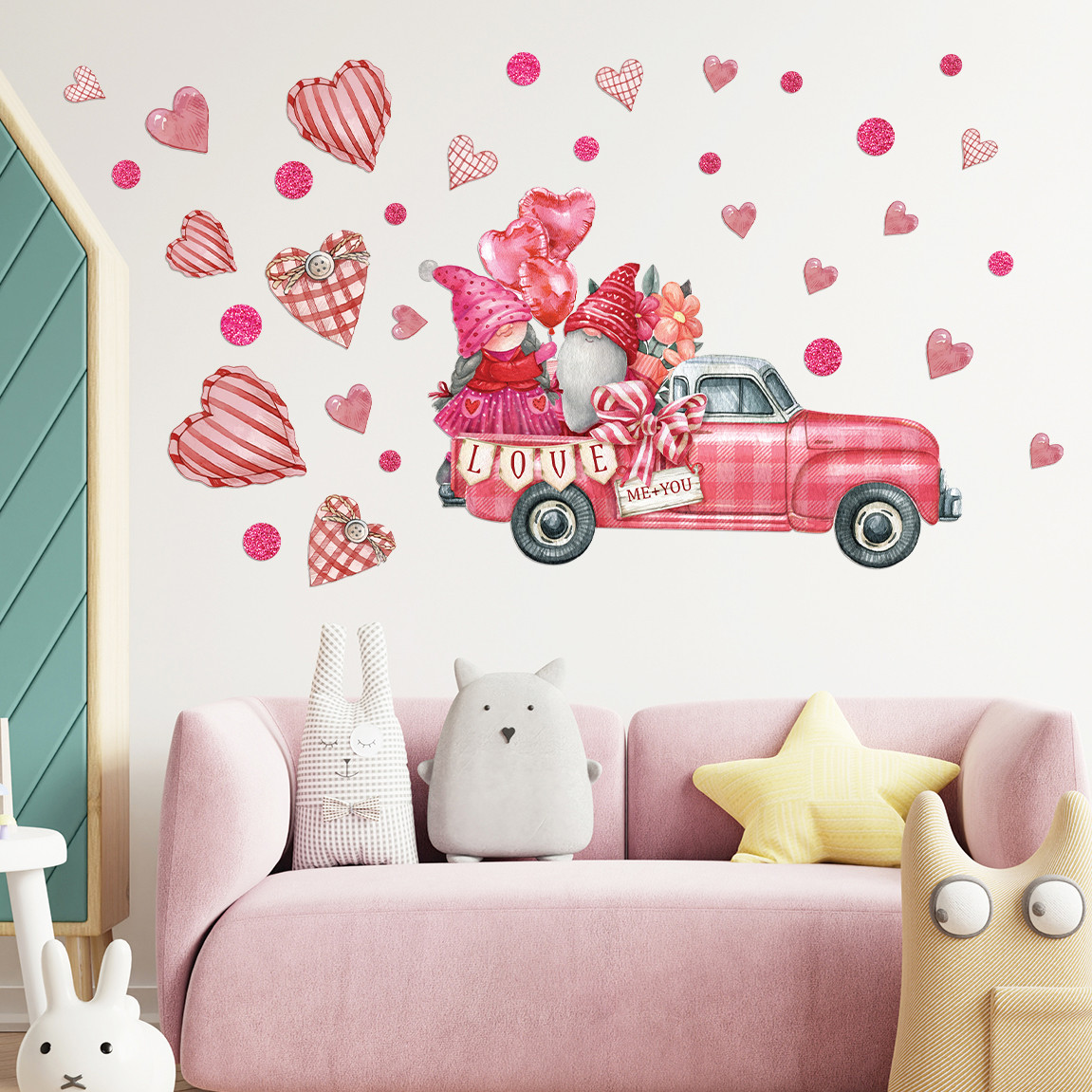 Акварельні наклейки на стіну Закохана парочка Рожева машина серця Набір S 550х770 мм матова, фото 1