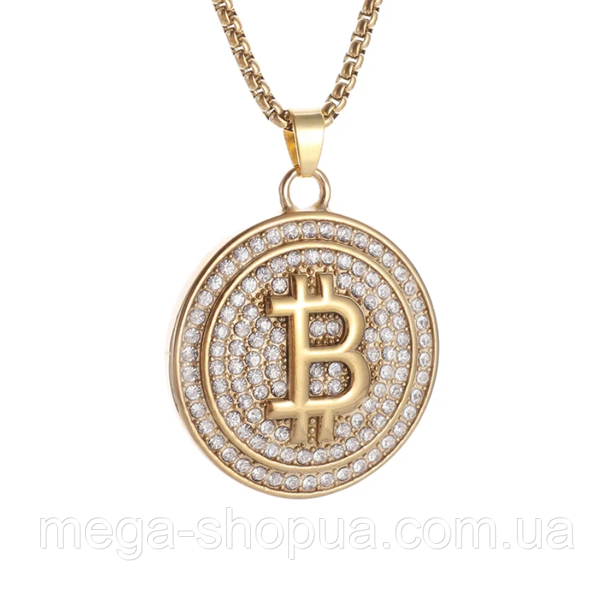 Ланцюжок з кулоном "Bitcoin/BTC/Біткойн", золотиста підвіска, стильна біжутерія на шию, фото 1