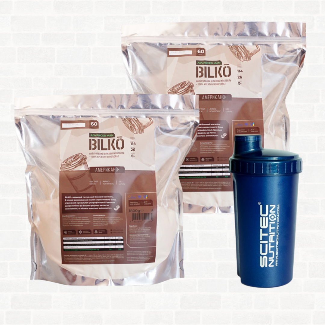 Протеин Комплект: 3,6 кг Bilko Men Protein 87% для набору м'язової маси з креатином у складі + Шейкер