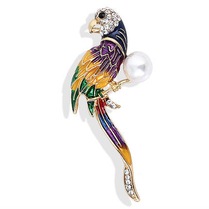 Брошка металева золотиста папуга з різнобарвними стразами та перлами розмір виробу 65х30 мм, фото 2