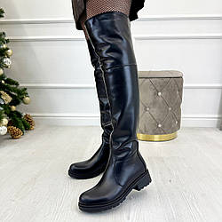 Ботфорти жіночі шкіряні на потовщеній підошві, колір чорний