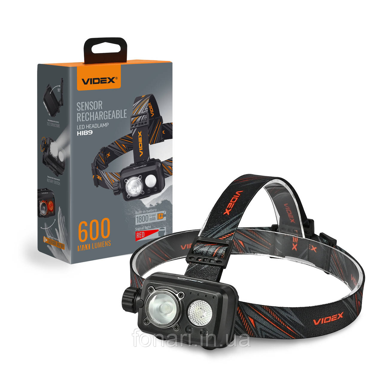Налобний ліхтар Videx VLF-H189 Luminus SST20 + SMD WHITE/RED, Li-pol 1800mAh, USB-C, 600 люмен