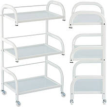 Стелаж-етажерка з полицями скло на колесах біла