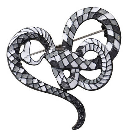 Брошка металева на сріблястій основі змія покрита двоколірною емаллю розмір виробу 50х45 мм, фото 1