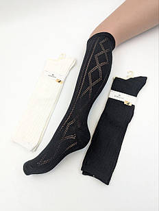 Жіночі гольфи Корона до коліна однотонні шовкові вишитий візерунок 36-41 р, 5 пар/уп. асорті