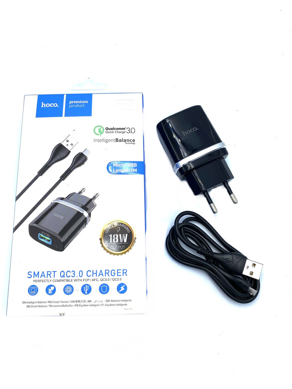 Зарядний пристрій 1 USB Hoco C12Q Black 3A + USB Cable MicroUSB (Microusbc12q), фото 1