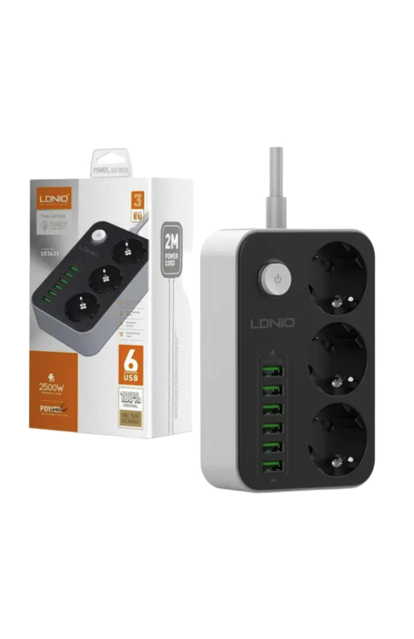 Подовжувач 3 розетки LDNIO 6USB 3.4A 2M Чорний (SE3631), фото 1