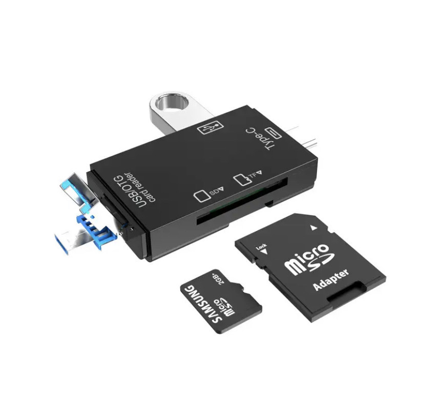 Багатофункціональний пристрій для читання карт пам'яті 6 в 1 USB 3.0 Type C Micro USB TF SD USB чорне (173438), фото 1