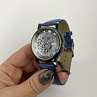 Годинник наручний Cjhsh Прозорі римські цифри механізм кварцовий ремінець кожзам Чорний корпус синій ремінець