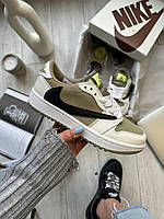 Оливкові жіночі шкіряні кросівки Nike Air Jordan 1 low x Travis Scott Golf