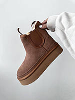 Коричневі жіночі замшеві Уггі UGG CHELSEA PLATFORM GINGER на хутрі водонепроникні черевики