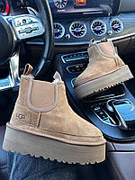 Коричневі жіночі замшеві Уггі UGG Neumel Platform Chealsea Ginger PREMIUM на хутрі водонепроникні черевики