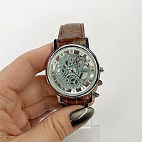 Годинник наручний Cjhsh Прозорі римські цифри механізм кварцовий ремінець кожзам Сріблястий корпус коричневий ремінець