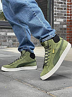 Зимові зелені шкіряні чоловічі кросівки Puma Corduroy Classic Mid На хутрі Хакі