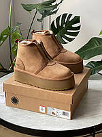 Зимові руді замшеві жіночі Уггі UGG Neumel Platform Zip Slipper водонепроникні черевики хутро на платформі