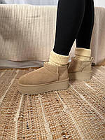 Зимові бежеві жіночі замшеві Уггі Ugg Classic Ultra Mini Platform XL на хутрі водонепроникні черевики УГГ