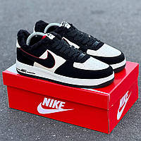 Зимові чорно-білі шкіряні чоловічі кросівки Nike Air Force 1 / Зимові шкіряні кеди на хутрі Найк Аїр Форс 1