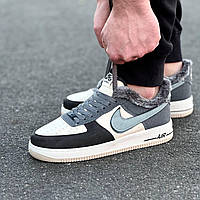 Зимові сірі шкіряні чоловічі кросівки Nike Air Force 1 / Зимові шкіряні кеди на хутрі Найк Аїр Форс 1