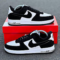 Зимові чорно-білі шкіряні чоловічі кросівки Nike Air Force 1 / Зимові шкіряні кеди на хутрі Найк Аїр Форс 1