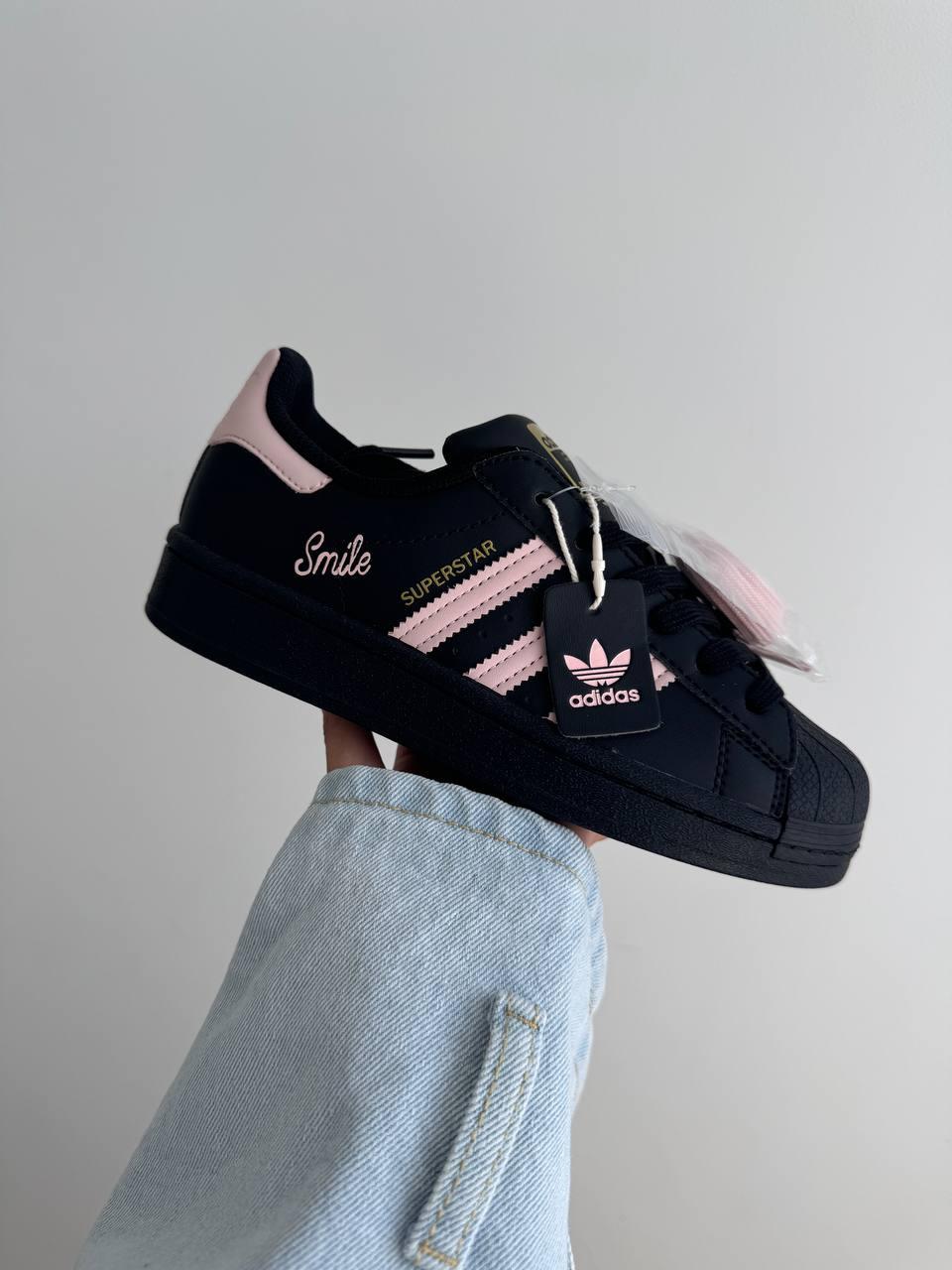 Чорні шкіряні жіночі кросівки Adidas Superstar Black Pink / Демісезонні кросівки Адідас Суперстар, фото 1