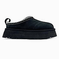Зимові чорні замшеві жіночі Уггі шльопки Ugg Tasman Platform на платформі натуральне хутро