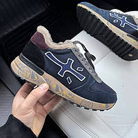 Зимові сині замшеві жіночі кросівки Premiata "Mick" 7068M на хутрі