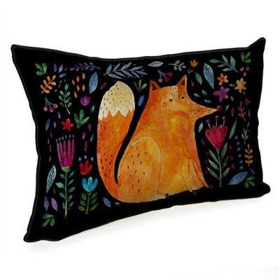 Подушка декоративна 45х32 см (мішковина) «Ліса та квіти на чорному тлі»