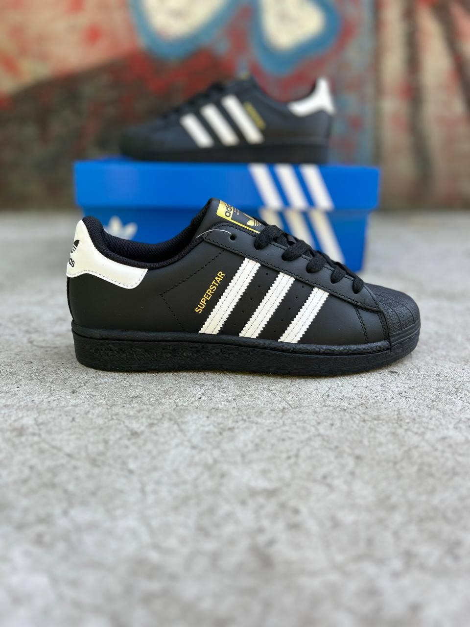 Чорні шкіряні чоловічі кросівки Adidas Superstar, фото 1