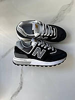 Чорні замшеві жіночі кросівки New Balance 574 black grey / Демісезонні кросівки Нью Беланс 574