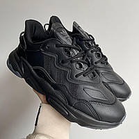 Чорні шкіряні чоловічі кросівки Adidas Ozweego Демісезонні кросівки Адідас Озвіго