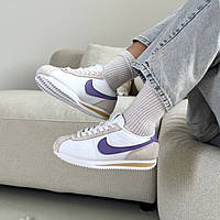 Білі шкіряні жіночі кросівки кроссовки Nike Cortez White Purple Демісезонні кеди Найк Кортез