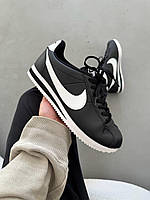 Чорні шкіряні жіночі кросівки кроссовки Nike Cortez Basic Black/White Демісезонні кеди Найк Кортез
