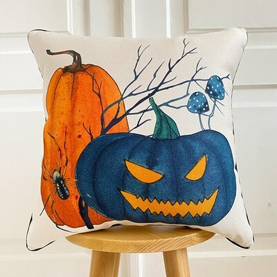 Подушка декоративна 45х45 см (мішковина) Гарбузи з павуком