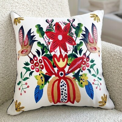 Подушка декоративна 45х45 см (мішковина) Квіти і пташки