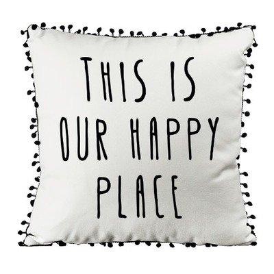 Подушка декоративна з помпонами (мішковина) «This is our happy place»